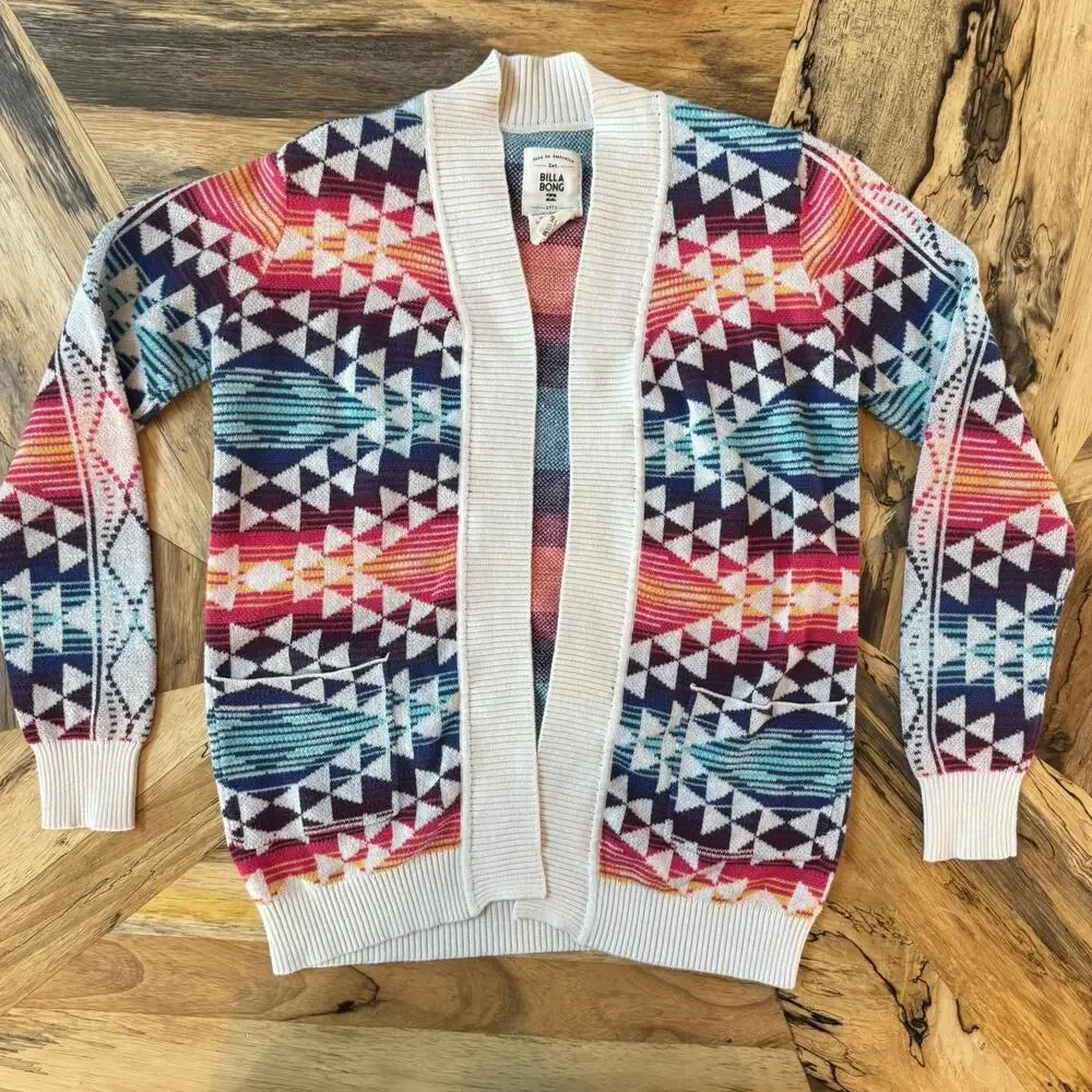 Billabong Girls L 12/14 Southwestern Aztec Geometric Knit Open Front Cardigan